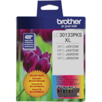 Brother LC30133PKS Original High Yield Inkjet Ink Cartridge - Tri-pack - Cyan, Magenta, Yellow - 2 / Pack - 400 Pages