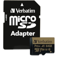 microSDXC PRO Plus 64 Go Classe 10/UHS-I (U3) - 1 emballage Verbatim - 100 Mo/s Lecture - 80 Mo/sSpaceEcriture - 666x Vitesse de mémoire - À vie Garantie