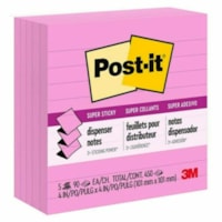 Feuillet adhésif Super Sticky Post-it® - largeur de drapeau/note 4 po (101,60 mm) x longueur de drapeau/note 4 po (101,60 mm) - Carré - 90 Feuilles par bloc - Rose - Collant - 5 / emballage