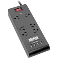 Tripp Lite Surge Protector Power Strip 6-Outlets 4 USB Ports 6ft Cord Black - 6 x NEMA 5-15R, 4 x USB - 1875 VA - 900 J - 120 V AC Input - 6 x NEMA 5-15R, 4 x USB - 1.88 kVA - 900 J - 120 V AC Input - 6 ft (1.83 m)