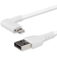 StarTech.com 1m USB A to Lightning Cable iPhone iPad Durable Right Angled 90 Degree White Charger Cord w/Aramid Fiber Apple MFI Certified - Aramid fiber shelters 3.3ft heavy duty USB-A to lightning cable from stress of bends/twists - Right angled connector prevents tension/damage - White durable cor