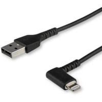 StarTech.com 2m USB A to Lightning Cable iPhone iPad Durable Right Angled 90 Degree Black Charger Cord w/Aramid Fiber Apple MFI Certified - Aramid fiber shelters 6.5ft heavy duty USB-A to lightning cable from stress of bends/twists - Right angled connector prevents tension/damage - Black durable cor