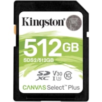 Kingston Canvas Select Plus SDS2 512 GB Class 10/UHS-I (U3) SDXC - 1 - 100 MB/s Read - 85 MB/s Write - Lifetime Warranty