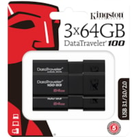 Kingston 64GB USB 3.0 DataTraveler 100 G3 (3 pcs) - 64 GB - USB 3.0 - 100 MB/s Read Speed - Black - 5 Year Warranty - 3 Piece