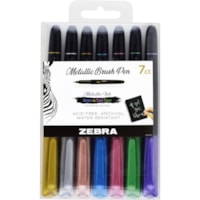 Zebra Pen Metallic Brush Pen Set - Medium Brush Pen Point - Assorted Metallic Ink - Pigment-based - 7 / Pack