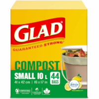 Glad 100% Compostable Bags - Small 10 Litres - Lemon scent, 44 Compost Bags - Small Size - 2.64 gal (10000 mL) Capacity - 16" (406.40 mm) Width x 17" (431.80 mm) Length - White - Waste Disposal, Kitchen - 44 / Box