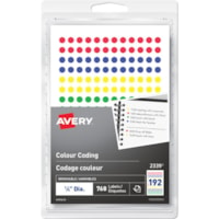 Avery® Removable Colour Coding Labels Handwrite, ¼" , Assorted Colours - 1/4" (6.35 mm) Diameter - Removable Adhesive - Round - Red, Blue, Green, Yellow - 192 / Sheet - 4 Total Sheets - 768 / Pack