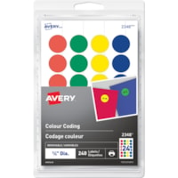 Étiquette à code couleur Avery® - diamètre de 3/4 po (19,05 mm) - Amovible Adhésif - Rond - Laser, Jet d'encre - Rouge, Bleu, Vert, Jaune - 24 / Feuille - 10 Total de feuilles - 240 / emballage