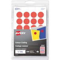 Avery® Removable Colour Coding Labels for Laser and Inkjet Printers, ¾" , Red - 3/4" (19.05 mm) Diameter - Removable Adhesive - Round - Laser, Inkjet - Red - 24 / Sheet - 10 Total Sheets - 240 / Pack