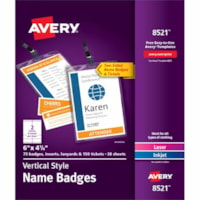 Avery® Vertical Name Badges with Tickets Kit for Laser and Inkjet Printers, 4-1/4" x 6" - PVC Plastic - White - 75 / Box