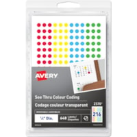 Avery® See Thru Removable Colour Coding Labels Handwrite, ¼" - 1/4" (6.35 mm) Diameter - Removable Adhesive - Round - Laser, Inkjet - Red, Yellow, Green, Blue - 216 / Sheet - 3 Total Sheets - 648 / Pack