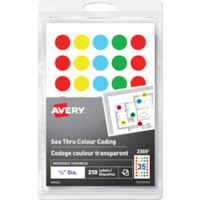 Avery® See Thru Removable Colour Coding Labels Handwrite, ¾ - 3/4" (19.05 mm) Diameter - Removable Adhesive - Round - Laser, Inkjet - Red, Yellow, Green, Blue - 35 / Sheet - 6 Total Sheets - 210 / Pack