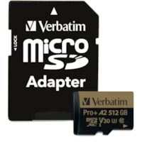 microSDXC Pro+ 512 Go Classe 10/UHS-I (U3) - 1 emballage Verbatim - 100 Mo/s Lecture - 60 Mo/sSpaceEcriture - 666x Vitesse de mémoire - À vie Garantie