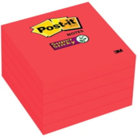 Feuillet adhésif Super Sticky Post-it® - largeur de drapeau/note 2 63/64 po (76 mm) x longueur de drapeau/note 2 63/64 po (76 mm) - Carré - 5 Feuilles par bloc - Rouge - Super Sticky, Adhésif, Recyclable, Réutilisable - 5 / emballage