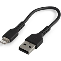 StarTech.com 6 inch/15cm Durable Black USB-A to Lightning Cable, Rugged Heavy Duty Charging/Sync Cable for Apple iPhone/iPad MFi Certified - Aramid fiber shelters heavy duty lightning cable from stress of bends/twists - Black durable strong rugged USB-A to Lightning charger cable - Strain relief for