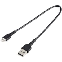 StarTech.com 12inch/30cm Durable Black USB-A to Lightning Cable, Rugged Heavy Duty Charging/Sync Cable for Apple iPhone/iPad MFi Certified - Aramid fiber shelters heavy duty lightning cable from stress of bends/twists - Black durable strong rugged USB-A to Lightning charger cable - Strain relief for