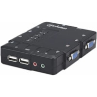 Manhattan KVM Switch Compact 4-Port, 4x USB-A, Cables included, Audio Support, Control 4x computers from one pc/mouse/screen, Black, Lifetime Warranty, Boxed - 4 Computer(s) - 1 Local User(s) - 1600 x 900 - 6 x USB - 4 x VGA - Desktop