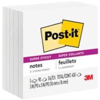 Feuillet adhésif Super Sticky Post-it® - largeur de drapeau/note 3 po (76,20 mm) x longueur de drapeau/note 3 po (76,20 mm) - Carré - 90 Feuilles par bloc - Blanc - Adhésif, Collant, Recyclable - 5 emballage