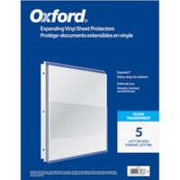 Oxford Sheet Protector - 0" (0.1 mm) Thickness - 1" (25.4 mm) Maximum Capacity - For Letter 8 1/2" (215.90 mm) x 11" (279.40 mm) Sheet - 3 x Holes - Top Loading - Clear - Vinyl - 5 / Pack