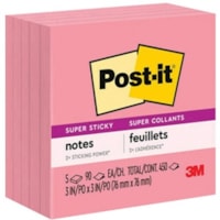 Feuillet adhésif Super Sticky Post-it® - largeur de drapeau/note 3 po (76,20 mm) x longueur de drapeau/note 3 po (76,20 mm) - Carré - 90 Feuilles par bloc - Rose - Adhésif, Collant, Recyclable - 5 emballage