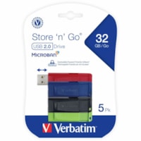 Verbatim 32GB Store 'n' Go USB Flash Drive - 5pk - Assorted - 32 GB - USB 2.0 Type A - Assorted - Lifetime Warranty - 5 / Pack