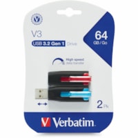 Verbatim 64GB Store 'n' Go V3 USB 3.2 Gen 1 Flash Drive - 2pk - Red, Blue - 64 GB - USB 3.2 (Gen 1) Type A - Blue, Red - Lifetime Warranty - 2 / Pack