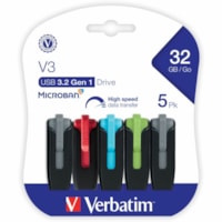 Clé USB Store 'n' Go V3 32 Go USB 3.2 (Gen 1) Type A - Assorti Verbatim - 32 Go - USB 3.2 (Gen 1) Type A - Assorti - À vie Garantie - 5 / emballage