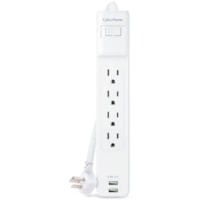 CyberPower Home Office P406U 4-Outlet Surge Suppressor/Protector - 2 x USB, 4 x NEMA 5-15R - 500 J - 120 V AC Input - 15 kA - Audio/Video - 6 ft - Wall Mountable