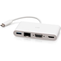 C2G USB C to HDMI, VGA, USB A & RJ45 Adapter - 4K 30Hz - White - for Tablet PC, Notebook - USB 3.1 Type C - 4K, Full HD - 3840 x 2160, 1920 x 1200 - 1 x USB 3.0 - USB Type-A - USB Type-C - 1 x RJ-45 Ports - Network (RJ-45) - HDMI - VGA - White - Wired - Gigabit Ethernet