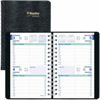 Blueline Essential Two-Day per Page Planner 8"x 5" , Bilingual ,Black - Daily - January 2025 - December 2025 - 7:00 AM to 6:30 PM, Half-hourly - 2 Day Single Page Layout - Twin Wire - Black - Bilingual, Soft Cover, Note Page, Address Section, Telephone Section - 1 Each