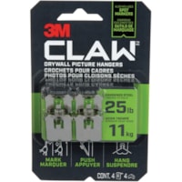 3M Claw Drywall Picture Hangers 4 sets/pkg - 25 lb (11339.80925 g) Capacity - for Drywall, Pictures - 4 / Pack