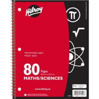 Hilroy Maths And Science 80page Coil Notebook, 3 Hole With Margin - 40 Sheets - 80 Pages - Wire Bound - Wide Ruled Front Ruling - 3 Hole(s) - 10.50" (266.70 mm) Height x 8" (203.20 mm) Width x 0.25" (6.35 mm) Depth - White Paper - Red Cover - Heavyweight Sheet