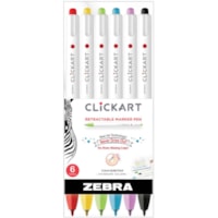 Marqueur ClickArt Zebra Pen - 0,6 mm (0,02 po) Fin Ogive Pointe de marqueur - Rétractable - Ink Couleurs de couverture assorties - Encre à base d'eau - 6 / emballage