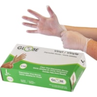 Globe Disposable Vinyl Gloves Clear Large 100/box - 4 mil (0.10 mm) Thickness x 9.06" (230.12 mm) Glove Length - Chemical Protection - Large Size - For Right/Left Hand - Clear - Latex-free, Water Proof, Allergen-free, Durable, BPA-free - For Food, Beauty Salon, General Purpose, Industrial, Painting,