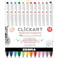 Zebra Pen ClickArt Retractable Markers Bullet Tip Assorted Colours 12/pkg - 0.6 mm (0.02") Fine Bullet Marker Point - Retractable - Assorted Ink - Water Based - 12 / Pack