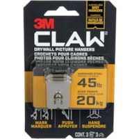 Cintre Claw Pour Mur 3M - 45 lb (20411,65665 g) Capacité - pour Photos, Plaques de plâtre - Acier - 3 / emballage