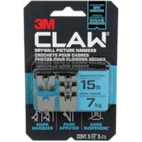 3M Claw Drywall Picture Hangers 5 sets/pkg - 15 lb (6803.88555 g) Capacity - for Pictures, Drywall - Steel - 5 / Pack