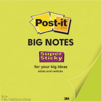 Post-it® Super Sticky Big Notes 11" x 11" Neon Green 30sheet/pad - 11" Flag/Note Width x 11" Flag/Note Length - Square - 30 Sheets per Pad - Neon Green - Recyclable, Portable - 30 / Pad