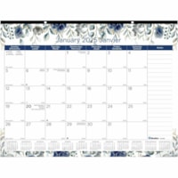 Blueline Floral Monthly Desk Pad Calendar 22" x 17" , Bilingual - Monthly - 12 Month - January 2025 to December 2025 - 1 Month, 1 Day Single Page Layout - Blue - Chipboard, Vinyl - 17" (431.80 mm) Height x 22" (558.80 mm) Width - Reinforced, Tear-off, Yearly Calendar, Bilingual