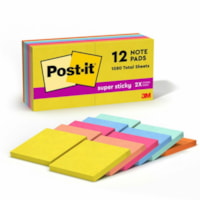 Bloc-notes Super Sticky Post-it® - largeur de drapeau/note 3 po (76,20 mm) x longueur de drapeau/note 3 po (76,20 mm) - Carré - 90 Feuilles par bloc - Citron, Rose puissante, Menthe fraîche - Collant, Recyclable - 12 / emballage