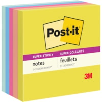 Bloc-notes Super Sticky Post-it® - largeur de drapeau/note 3 po (76,20 mm) x longueur de drapeau/note 3 po (76,20 mm) - Carré - 90 Feuilles par bloc - poCitron, Rose puissante, Menthe fraîche - Collant, Recyclable - 5 / emballage