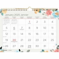 Blueline Spring Monthly Wall Calendar 11"x 8" , Bilingual - Monthly - January 2025 - December 2025 - 1 Month Single Page Layout - 8" (203.20 mm) x 11" (279.40 mm) Sheet Size - Twin Wire - Gold - Chipboard - Reinforced, Bilingual, Daily Block, Eyelet, Reference Month - 1 Each