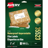 Avery® Waterproof Labels 2" x 4" , Permanent Adhesive, for Laser Printers - 4" (101.60 mm) Width x 2" (50.80 mm) Length - Permanent Adhesive - Rectangle - Laser - White - Polyester, Film - 10 / Sheet - 100 Total Label(s) - Water Resistant - Scuff Resistant, Tear Resistant, Smudge Resistant, Chem