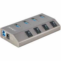 StarTech.com 4-Port Self-Powered USB-C Hub with Individual On/Off Switch, Desktop/Laptop USB-C to USB-A Hub, USB Type C Hub w/Power Supply - 4 Port Aluminum USB 3.2 Gen 1 5Gbps hub w/individual port switches - 4x USB Type-A ports - BC 1.2 1.5A (7.5W) of power and on/off switches/LEDs on each port - 