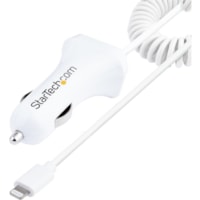 StarTech.com Lightning Car Charger with Coiled Cable, 1m Built-in Cable, 12W, White, 2 Port USB Car Charger Adapter, In Car iPhone Charger - Dual Device car charger charges two mobile devices up to 2.1A simultaneously; Built-in coiled Lightning cable provides a tangle free environment in vehicles; C