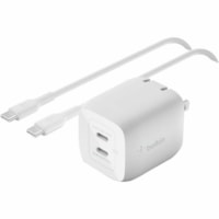 Belkin 45W Portable Dual Port GaN Wall Charger - 2xUSB-C (45W Total) - w/ USB-C to USB-C Cable - Fast Charging - Power Adapter - White - 45 W - White