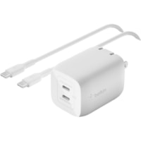 Belkin 65W Portable Dual Port GaN Wall Charger - 2xUSB-C (65W Total) - w/ USB-C to USB-C Cable - Fast Charging - Power Adapter - White - 65 W - White