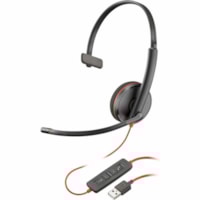 Poly Blackwire 3210 Monaural USB-A Headset - Mono - Mini-phone (3.5mm), USB Type A - Wired - 32 Ohm - 20 Hz to 20 kHz - On-ear, Over-the-head - Monaural - Supra-aural - 5.3 ft (1.61 m) Cable - Noise Cancelling, Omni-directional Microphone - Noise Canceling - Black