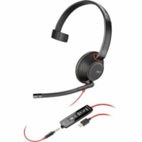 Poly Blackwire 5210 Headset +Inline Cable +USB-C/A Adapter TAA - Microsoft Teams Certification - Mono - USB Type C, Mini-phone (3.5mm) - Wired - 32 Ohm - 20 Hz to 20 kHz - Over-the-head - Monaural - 7.1 ft Cable - Noise Canceling - Black 