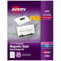 Avery® Name Badge - 4" (101.60 mm) Width x 3" (76.20 mm) Height - Rectangular Shape - Magnetic, Reusable, Printable, Durable - Card Stock, PVC Plastic - White - 24 / Pack